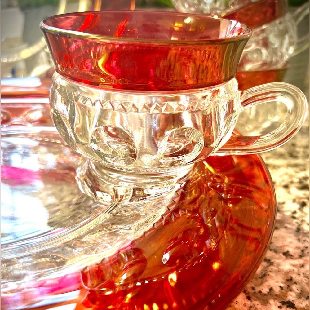 Stunning 1940s Tiffin Franciscan Kings Crown Thumbprint Ruby Red Flashed 8pc Set - Picture 3 of 16
